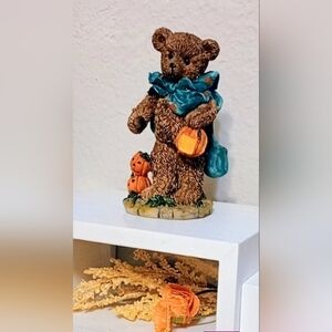 Vintage Brown Teddy Bear Figurine with Teal Cape and Pumpkin Accents
